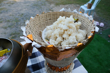 sticky rice in the monk's alms bowl, give alms to the monks