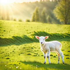 Obraz premium White lamb in a green pasture with morning sunbeams