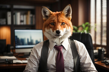 portrait of a fox boss, The cunning businessman with the face of a fox. - obrazy, fototapety, plakaty