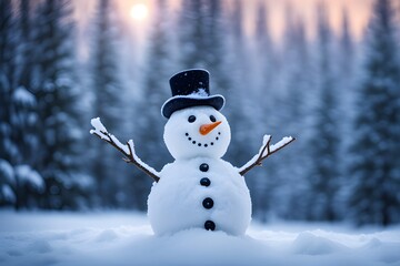 Fototapeta premium Snowman with a carrot nose, hat, scarf, coal buttons and stick arms standing outside on a winters day. Concept of winter, snow and childhood. Shallow field of view.