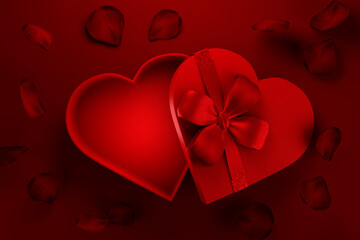 Heart shaped gift box with rose petals flying on red background. Valentine present for premium product placement. Holiday sale giftbox.