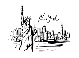 New York hand drawn. City architecture with Statue of Liberty © bioraven