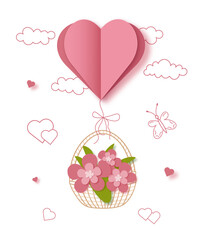 The illustration features a heart-shaped balloon with an attached basket of pink flowers, rendered in a paper-cut style.Ideal for Valentine's Day decor, special event invitations, greeting cards