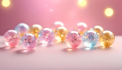 Crystal pink yellow blue round, A cluster of colorful gemstones sparkling on a pink background.