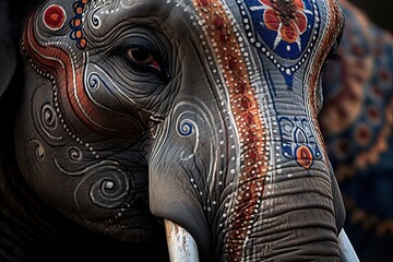 Fototapeta premium Elephant painted in traditional Indian colors at the annual elephant festival. Ai Generative