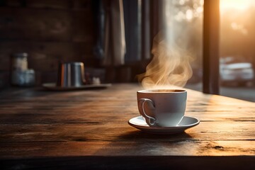 Cozy Morning Coffee on Wooden Table, steaming coffee cup, cozy ambiance, cozy ambiance, rustic