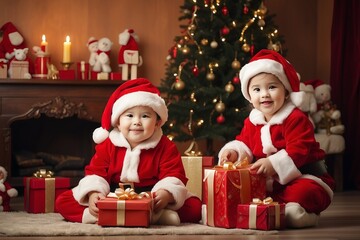 Fototapeta na wymiar funny baby dressed in Santa Claus hat on bright festive background