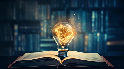 Knowledge and Creativity, glowing, lightbulb, open book, ideas