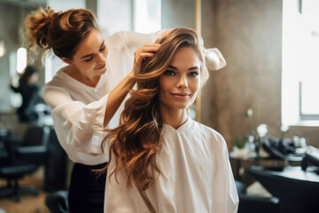 Pretty brunette working as a hairdresser and hair tips of a female customer in a beauty salon.
