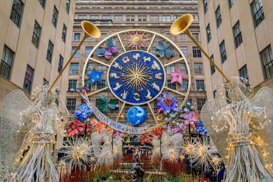 New York, USA - December 01, 2023: Carousel of Dreams, Christmas decoration Christian Dior collaboration on Saks Fifth Avenue store in Manhattan