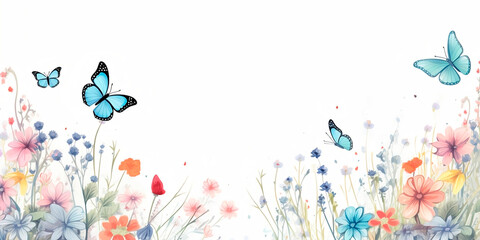 Fototapeta na wymiar Butterfly blue Illustration watercolor. Beautiful floral summer seamless pattern with watercolor for kids field wild flowers. Illustration watercolor.
