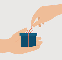 Man gives a Christmas gift box to his woman. Christmas gift passes from hand to hand. Concept of a people celebrating New Year's or Valentine's Day with presents and love. Vector illustration