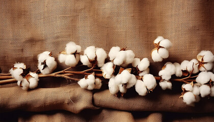 Obraz na płótnie Canvas Cotton plant flowers lies on burlap background texture. top view. harvest and cotton fabric linen. Fluffy fibers in flower balls on branch, white canvas. Weaving material for textile production, 