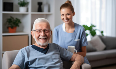Compassionate Care, Happy Nurse Attends to Smiling Senior Man in Home Armchair.