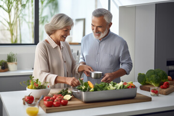 Obraz na płótnie Canvas Seniors Enjoy Happiness in Cooking Together - Modern Kitchen, Timeless Love.