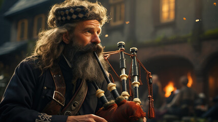 Fototapeta na wymiar Traditional Scottish Bagpiper: Highland Melodies in Kilt