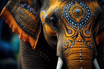 Elephant painted in traditional Indian colors at the annual elephant festival. Ai Generative