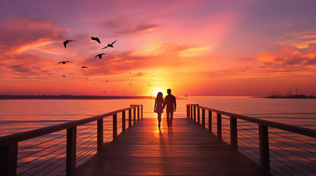 Silhouette of a young couple in love walking along the pier holding hands towards the sunset against the backdrop of the sea, clouds and flying birds. Back view