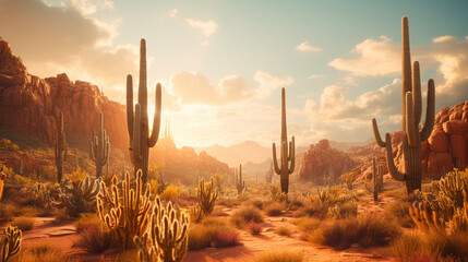 The sun rises over the desert, casting its golden light on the cactus spines. The cacti stand tall and proud, like sentinels guarding the land. ai generated. - Powered by Adobe