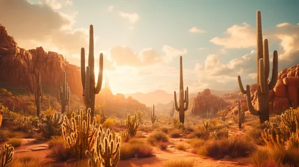 Fotobehang Mistige ochtendstond The sun rises over the desert, casting its golden light on the cactus spines. The cacti stand tall and proud, like sentinels guarding the land. ai generated.