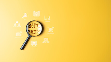 Magnifier with online digital marketing technology icons on yellow background. Increasing market...