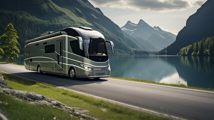 A modern motorhome cruises down a winding road, its sleek design contrasting with the rugged mountains and lake in the background. ai generated.
