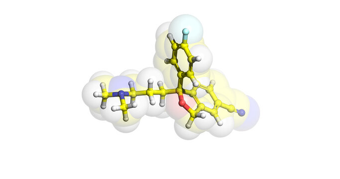 Celexa, Ctp, Citalopram antidepressant drug, 3D molecule in 4K
