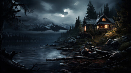 A dark, gloomy cabin sits on the edge of a lake, its windows reflecting the moonlight. The landscape is alive with movement, as the trees sway in the wind and the waves lap at the shore. ai generated.