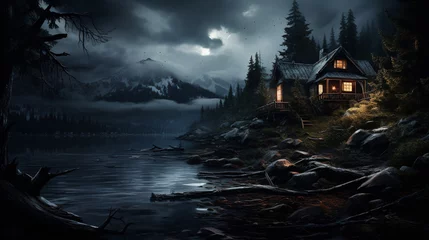 Foto op Plexiglas Reflectie A dark, gloomy cabin sits on the edge of a lake, its windows reflecting the moonlight. The landscape is alive with movement, as the trees sway in the wind and the waves lap at the shore. ai generated.