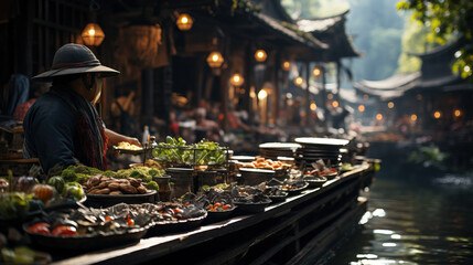 Thai Floating Market Boat Vendor. Concept of Traditional Commerce, Riverside Culture, and Culinary Delights