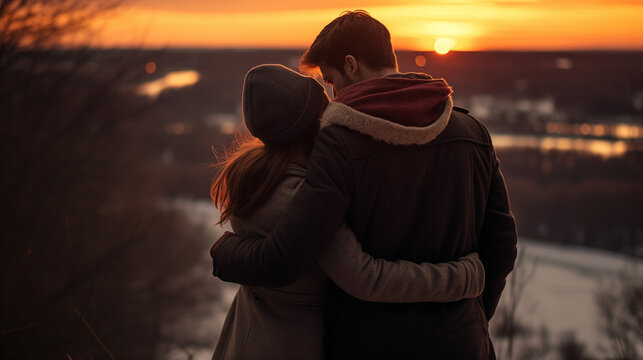 Pareja abrazada viendo el atardecer nevado