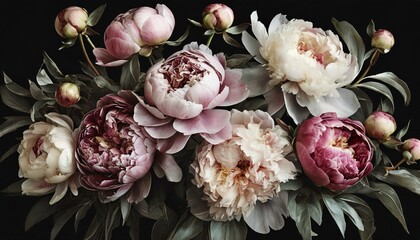 vintage bouquet of beautiful peonies on black floristic decoration floral background baroque old fashiones style natural flowers pattern wallpaper or greeting card