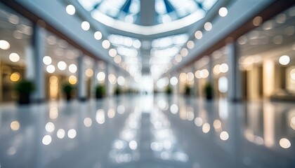 blurred defocused bokeh background of exhibition hall or convention center hallway business trade...