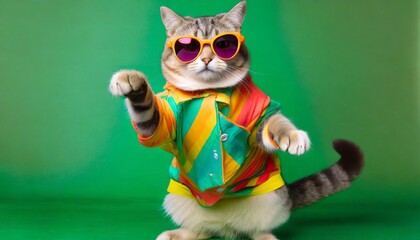 cat wearing colorful clothes and sunglasses dancing on the green background