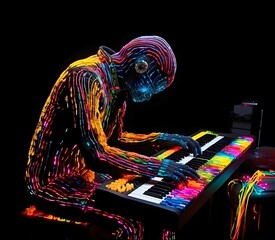 electric keyboard piano instrument 3d neon lights - Ai generated. 