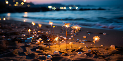 Beach at night Christmas lights on a beach at sunset beautiful natural background holiday concept happy new year Joyful New Year's Eve on the Beach at Twilight AI Generative