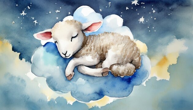 a little lamb sleeping on a cloud watercolor generative ai
