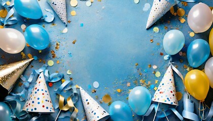 blue birthday background border with balloons confetti party hats - obrazy, fototapety, plakaty
