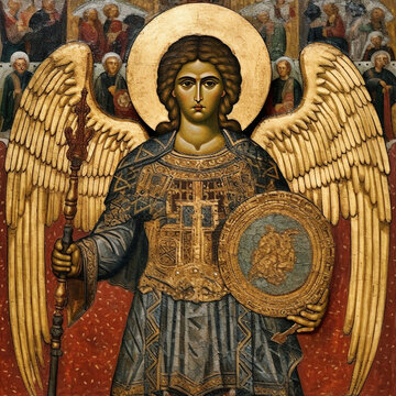 the depiction of St Michael the Archangel in Byzantine art . AI generative.
