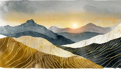 fundo abstrato da paisagem da natureza papel de parede em design de estilo minimalista com colinas de montanha por do sol nascer do sol aquarela linhas de ouro para impressoes interiores arte - obrazy, fototapety, plakaty