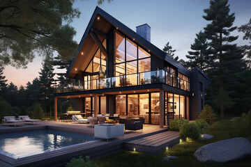 modern house with large windows and pool at twilight