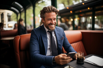 stylish caucasian man enjoying coffee in a tram-themed cafe
