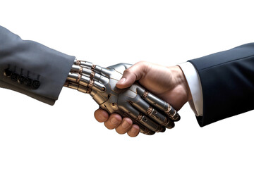 human and robot hand in a symbolic gesture of cooperation in business