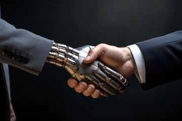 human and robot hand in a symbolic gesture of cooperation in business