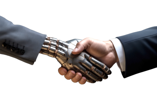 human and robot hand in a symbolic gesture of cooperation in business