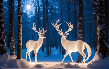 Mystical Winter Wonderland: Enchanting Forest Night with Moonlight, Glowing Fairies, and Ethereal Creatures, Captured in a Magical Clay Sculpture with Embedded LED Lights for Adobe Stock