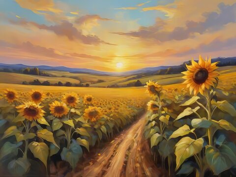  girasoles en un paisaje rural con una puesta del sol
