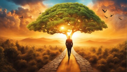  Symbolic Journey of Dream Loss Overcoming, Serene Landscape with Path, Flourishing Tree, Phoenix Rising, Sunrise of Hope. Inspirational Concept for Adobe Stock. - obrazy, fototapety, plakaty