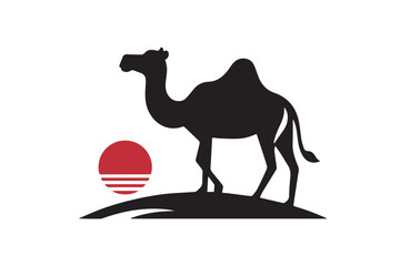 Beautiful camel and sun logo. Desert. Black and red color