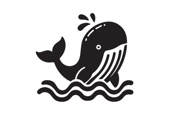 Cute cartoon whale on the waves. Simple black isolated illustration